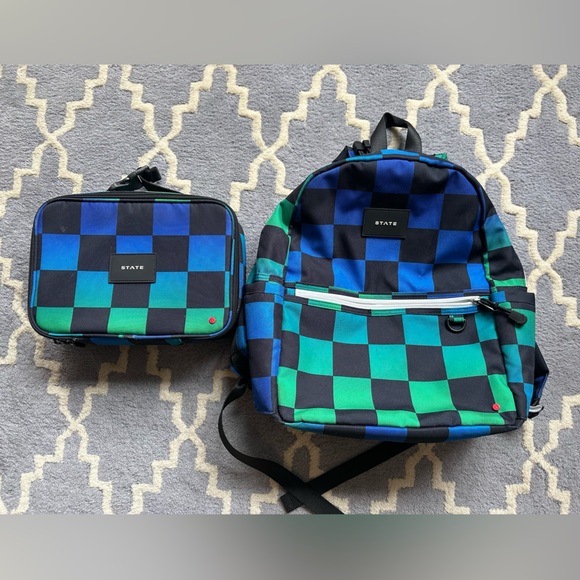 STATE Vibrant Blue and Green Check Backpack Set - Picture 1 of 6